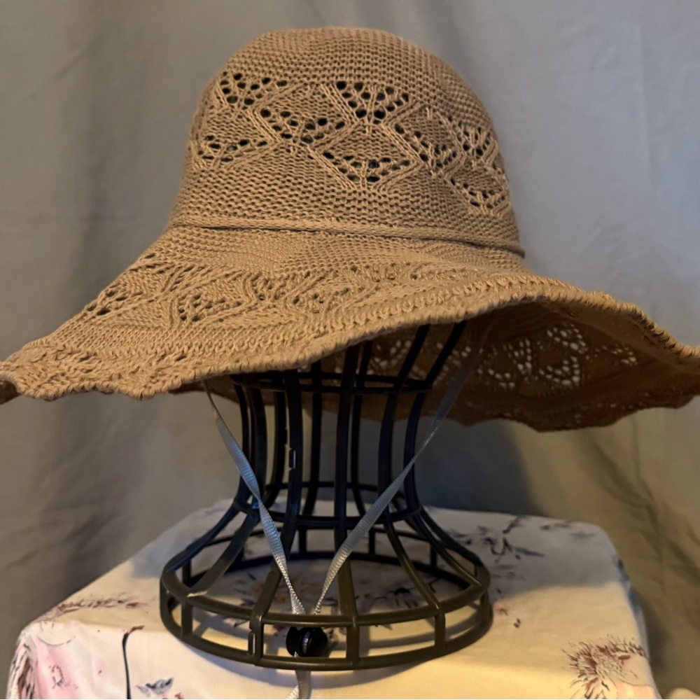 Source Unknown Tan Crochet Wide Brim Hat